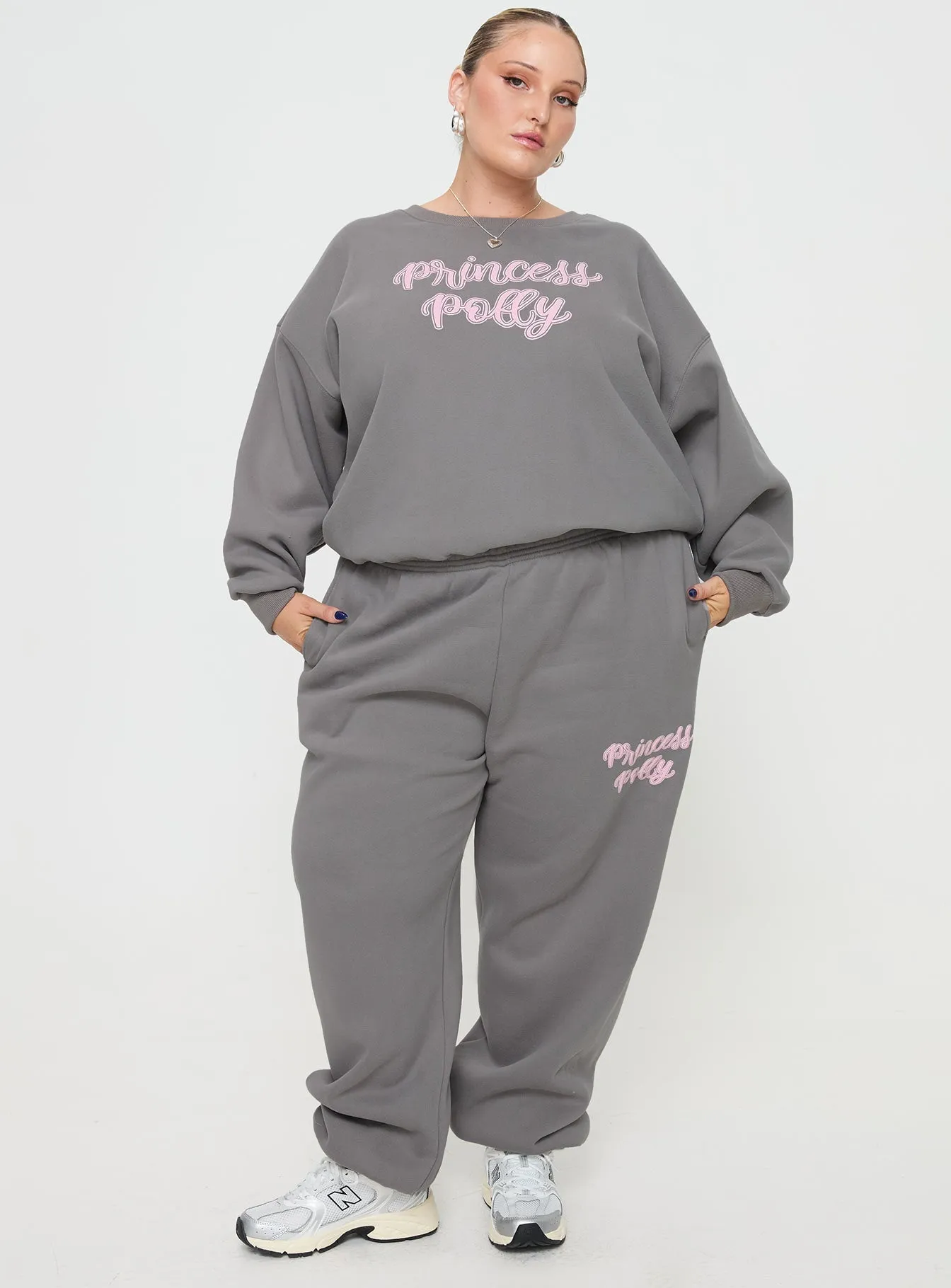 Princess Polly Track Pants Puff Text Charcoal Curve