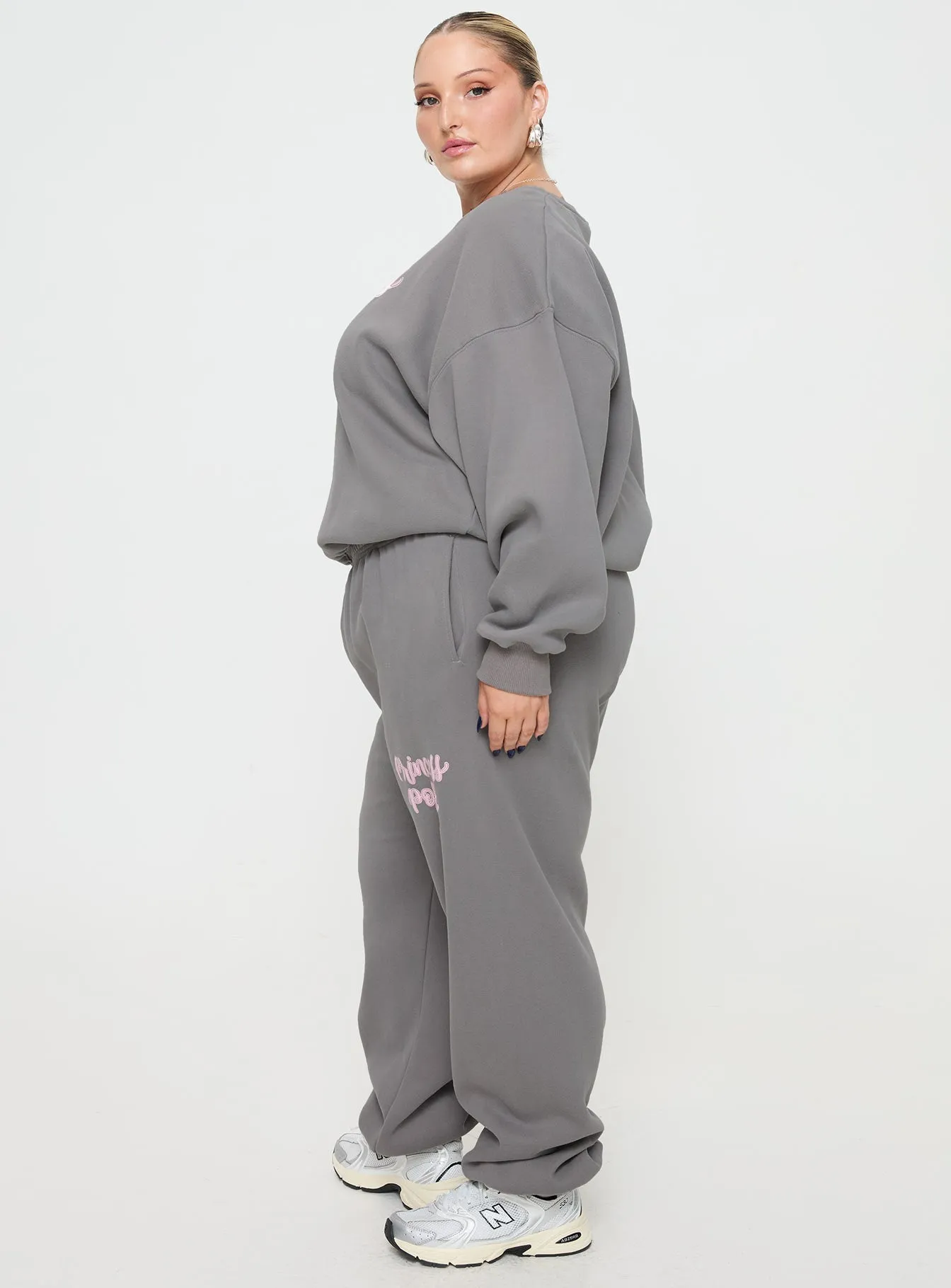 Princess Polly Track Pants Puff Text Charcoal Curve