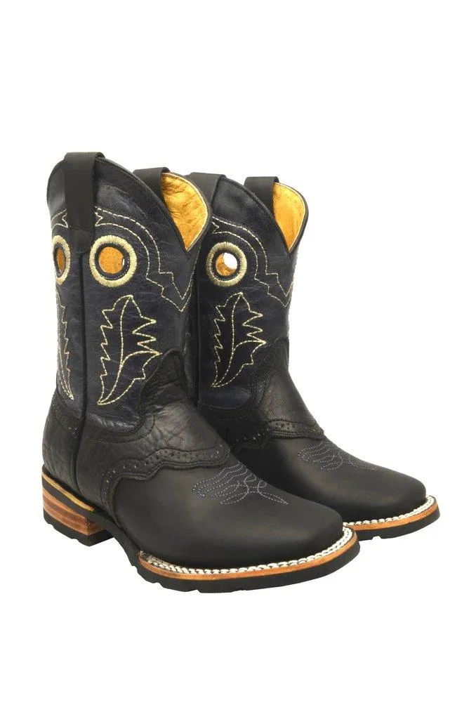 Redhawk Boy's Rodeo Bull Black Leather Square Toe Cowboy Boots 3001