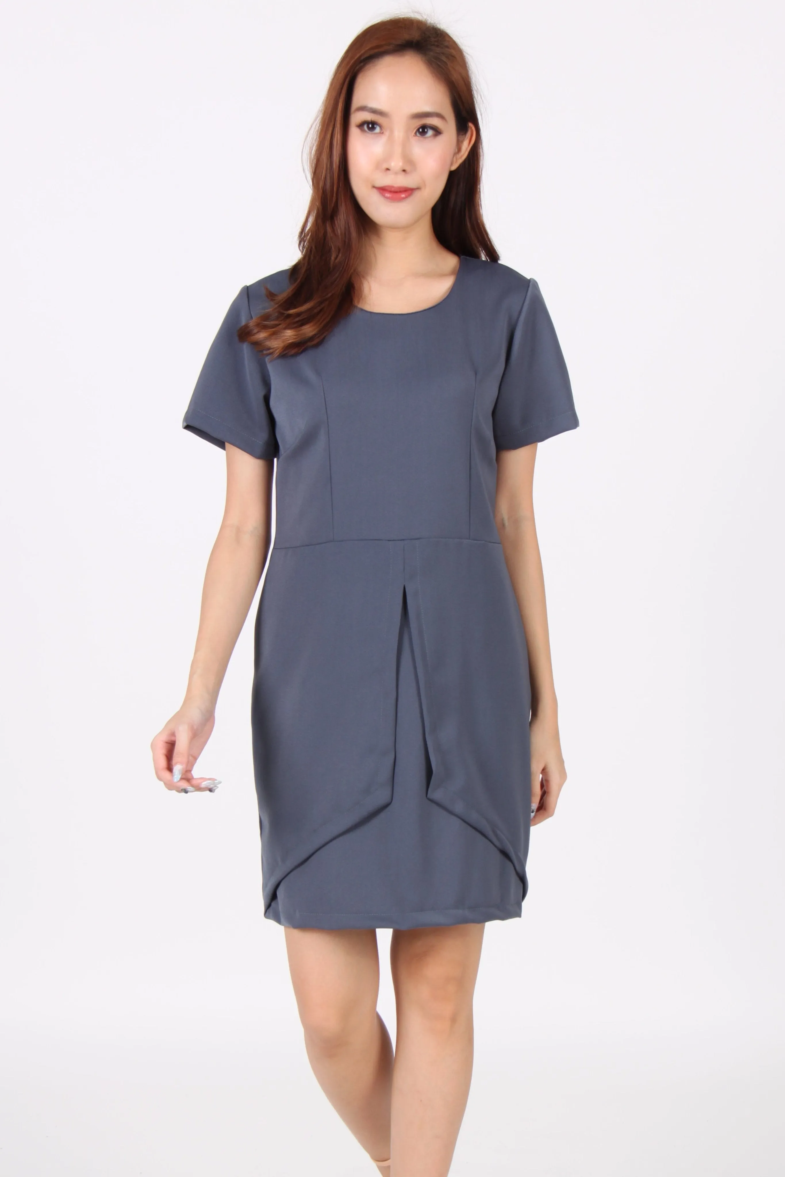 Round Neck Layered Shift Dress in Dark Grey