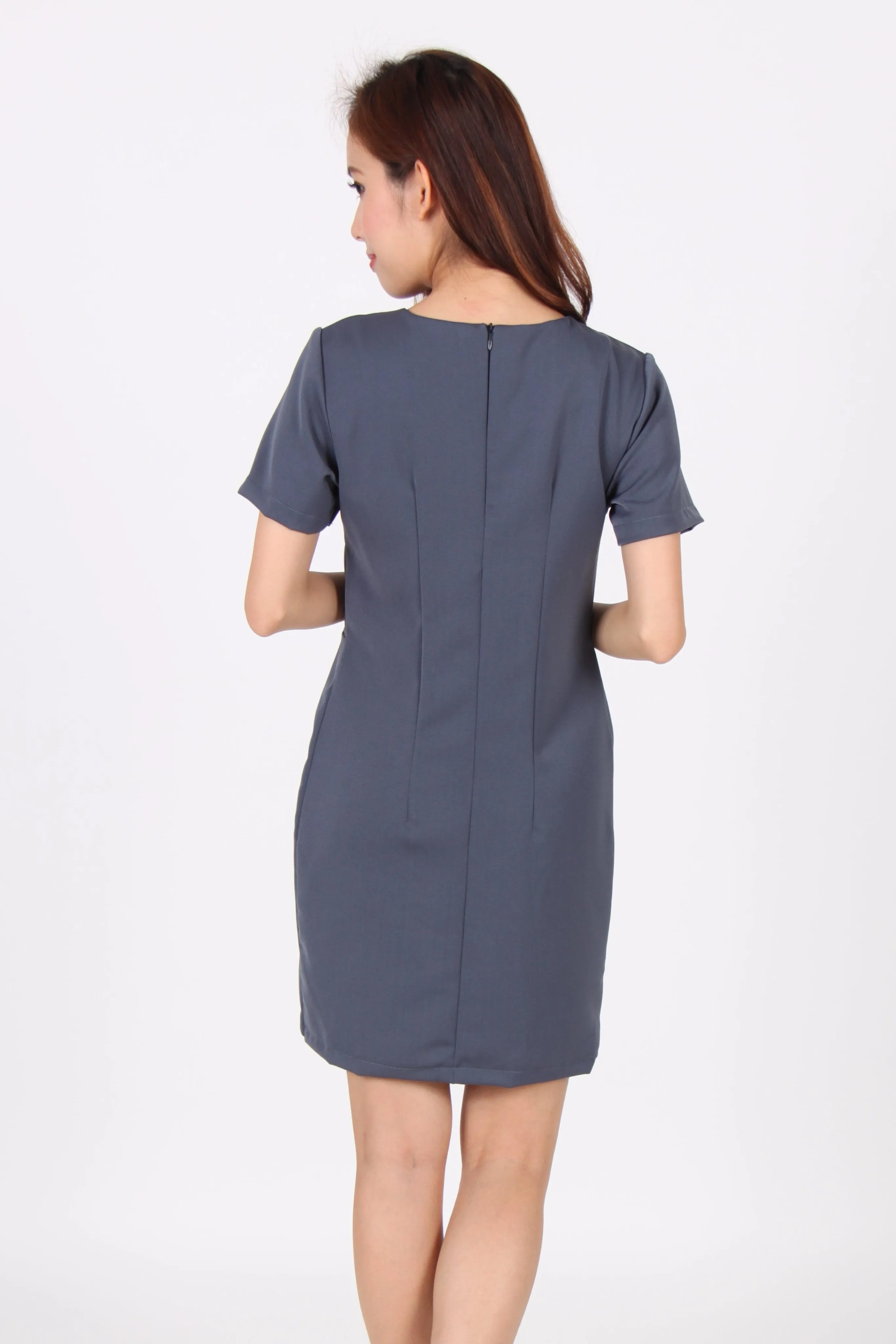 Round Neck Layered Shift Dress in Dark Grey