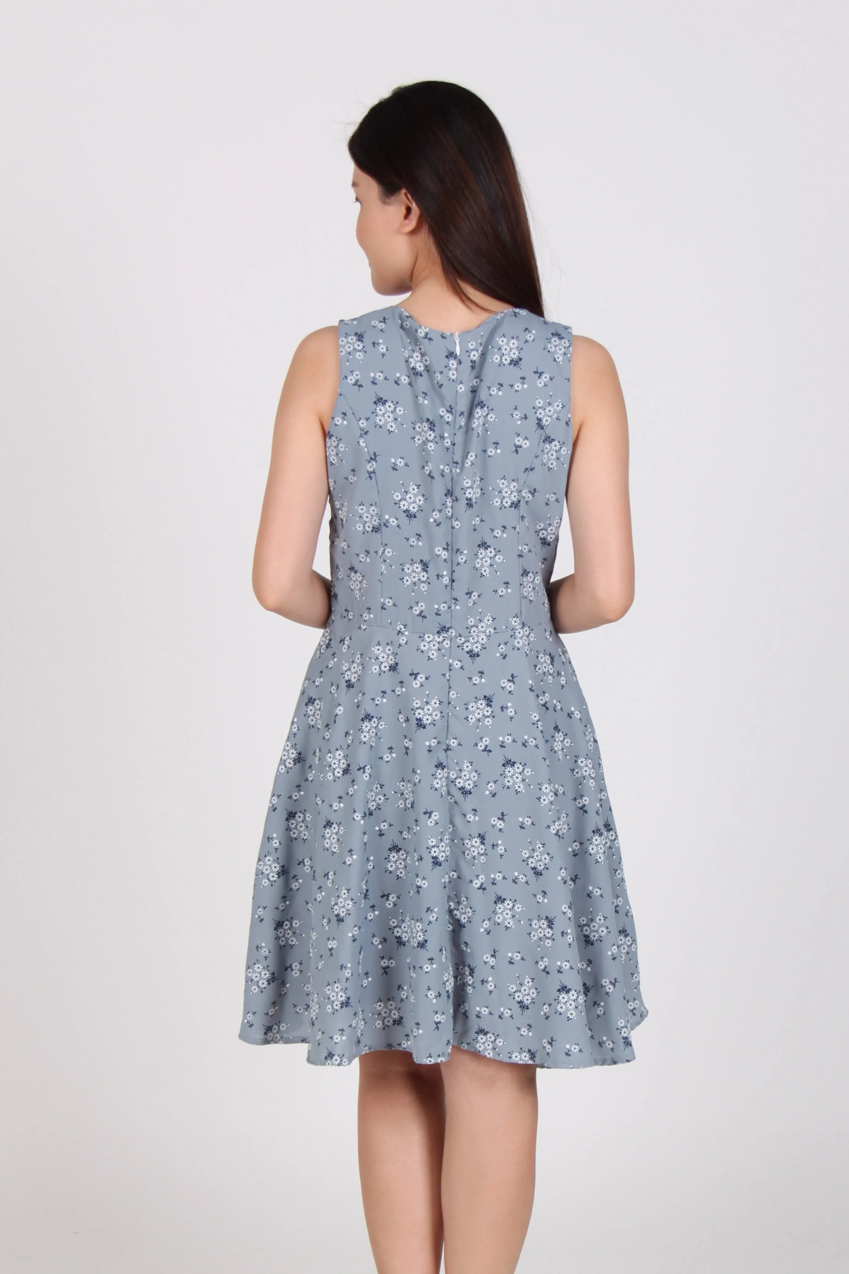 Sleeveless Floral Skater Dress in Blue