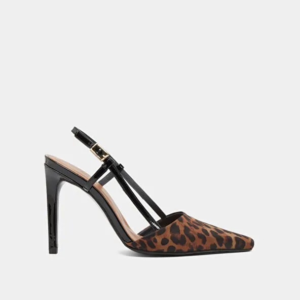 Slingbacks pumps in brown leopard textile and black patent