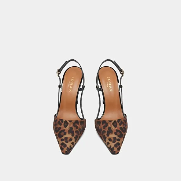 Slingbacks pumps in brown leopard textile and black patent