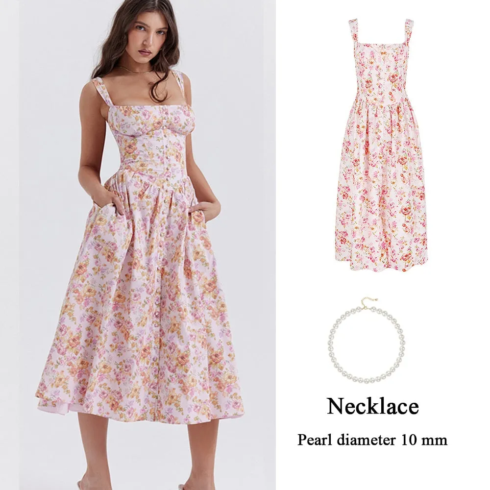 Summer Elegant Midi Dress Casual Pink Button Floral Print Holiday Party Long Dresses for Women New In Dresses 2023