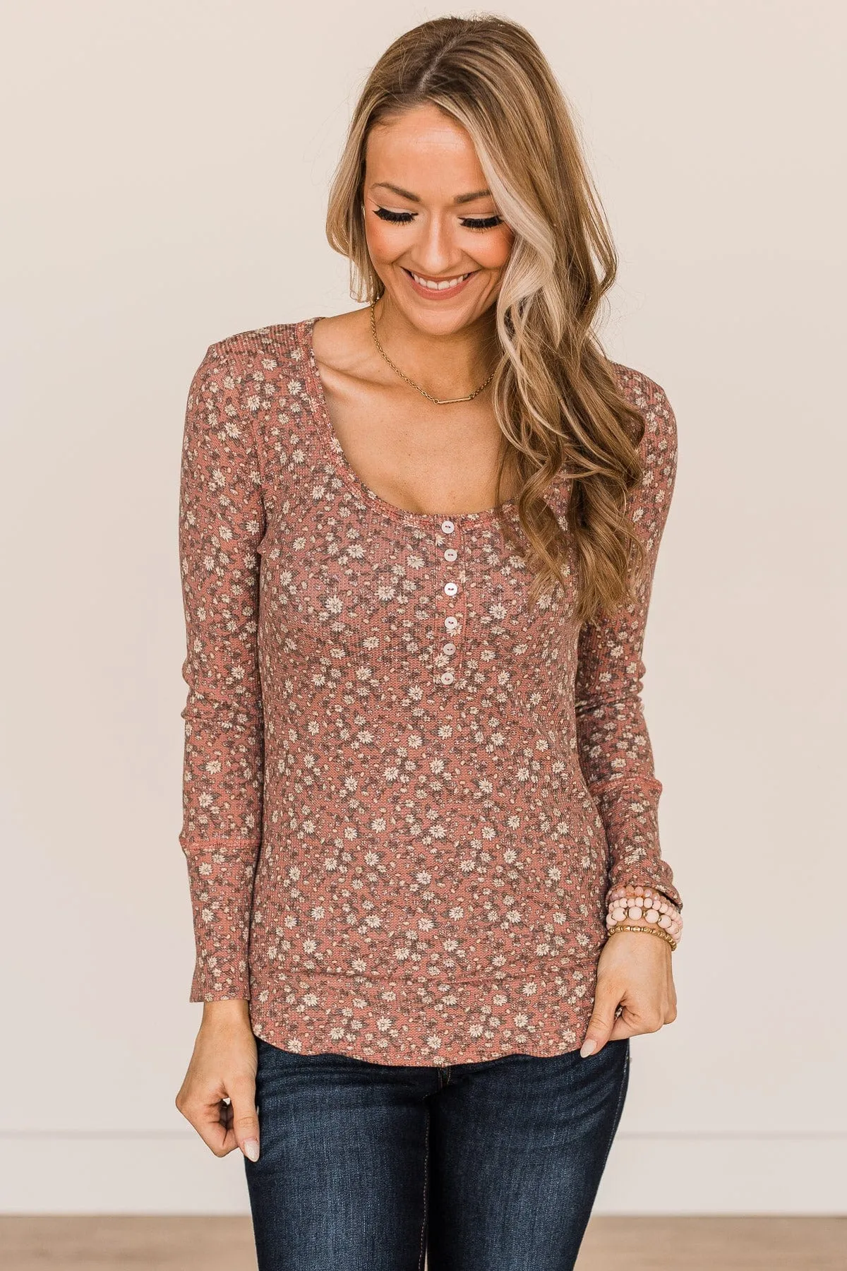 Sweet Beginnings Floral Henley Top- Mauve