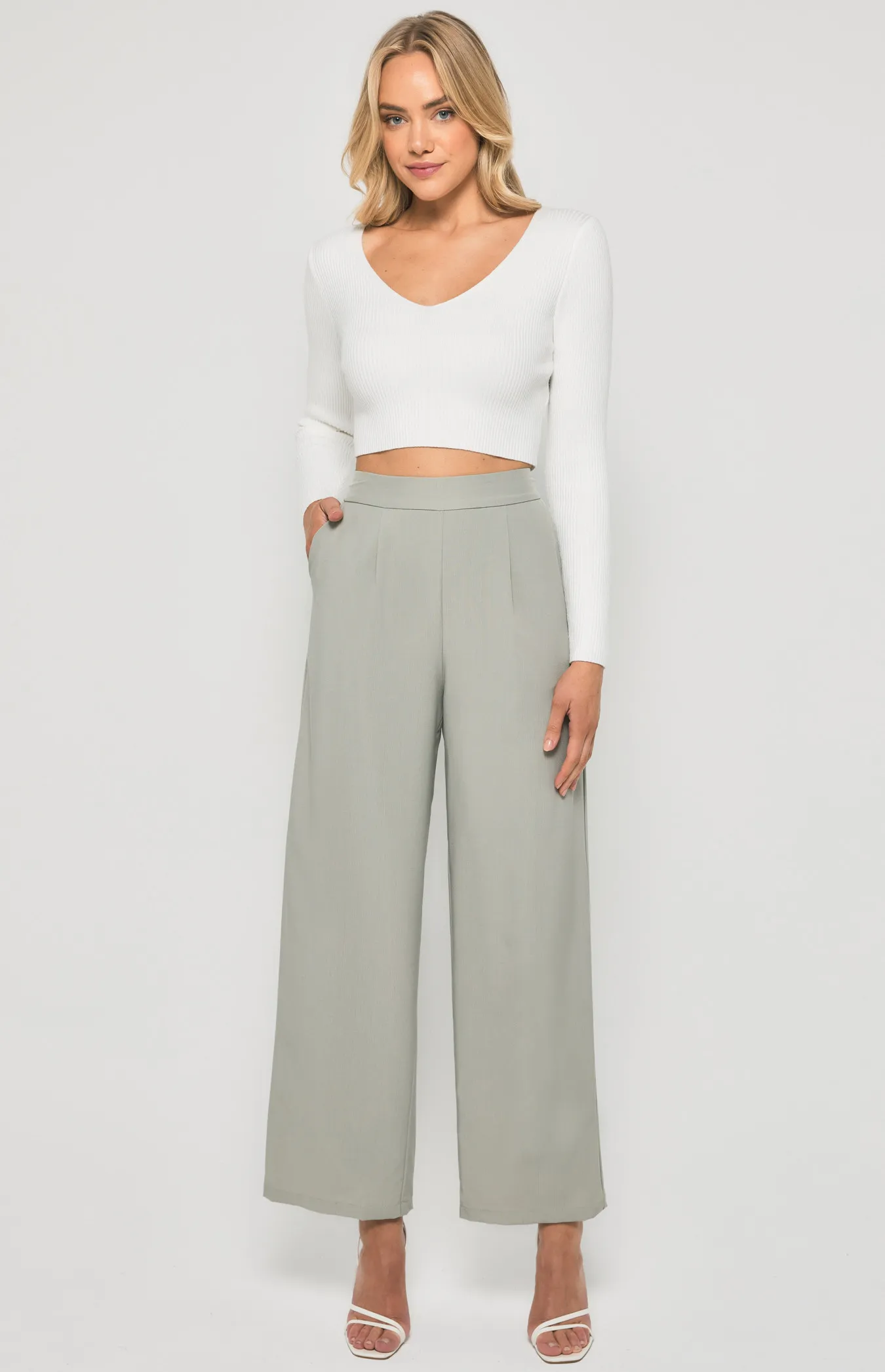 Textured Wide Leg Pants With Pockets (SPA443B)