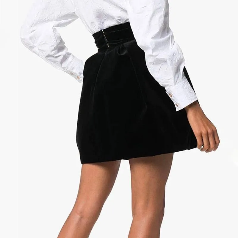 Velour Ruched Above The Knee Skirt in Black