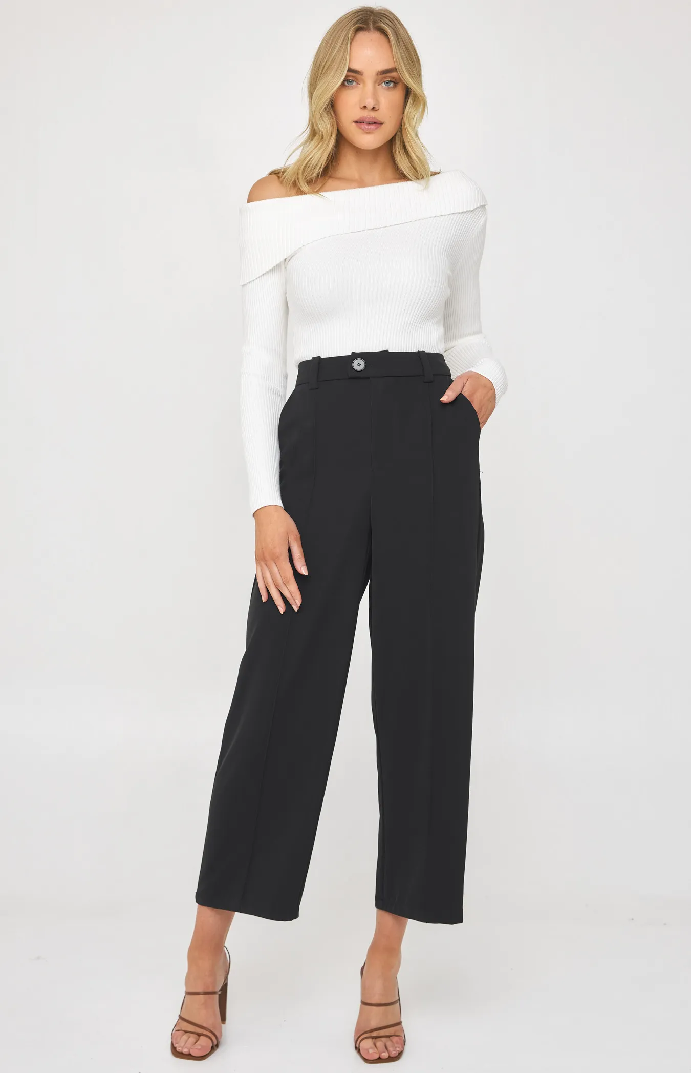 Wide Leg Pants with Seam Detail and Exposed Button (SPA414B)