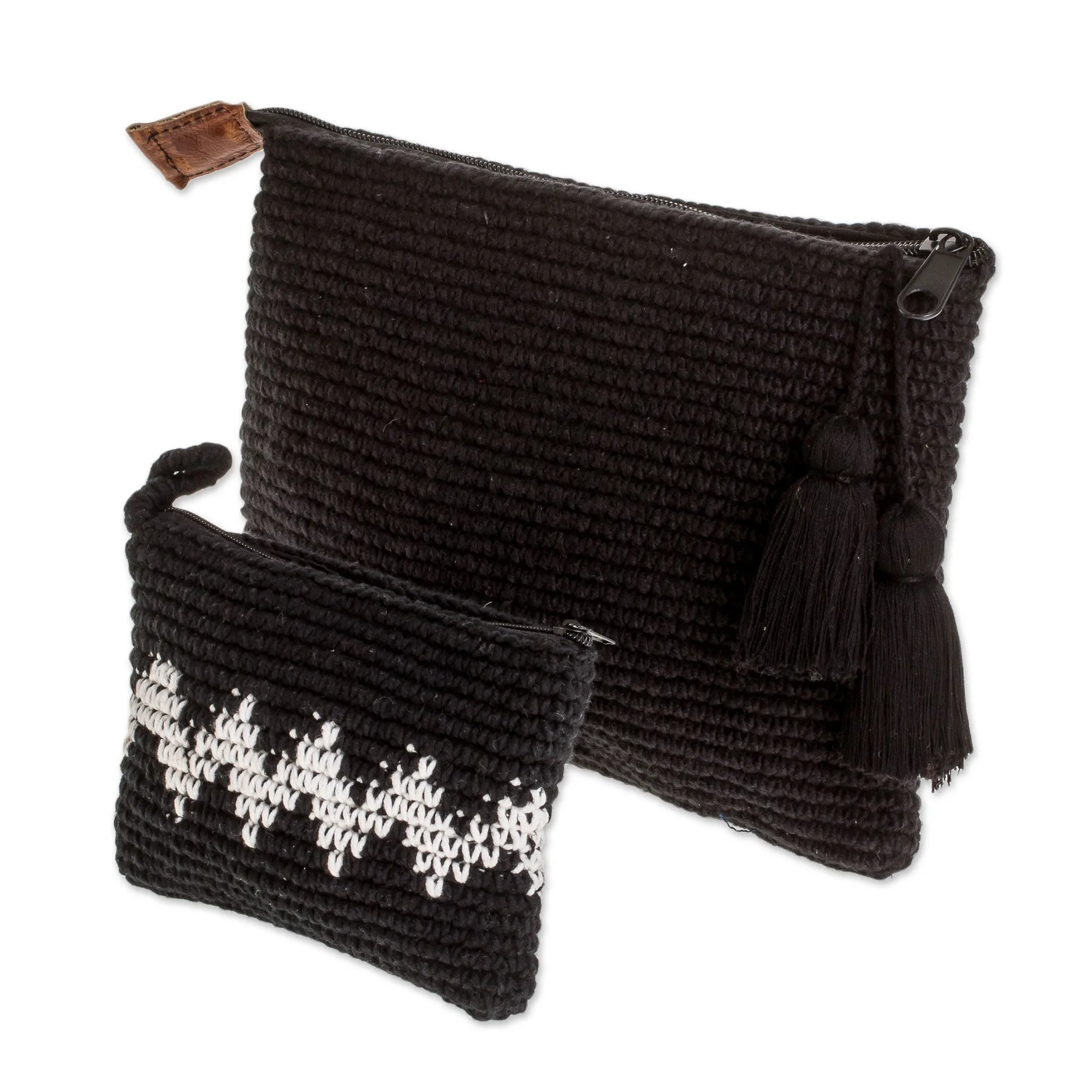 Zigzag Night Hand-Crocheted Cotton Handbags with White Zigzags (Pair)